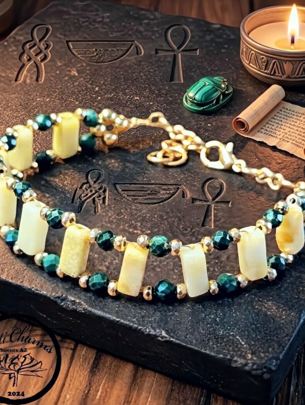 Natural Yellow Jade & Malachite In Ancient Egyptian Inspired Handwoven Bracelet